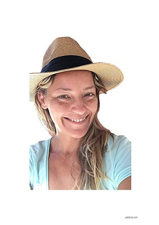 Women Straw-Panama-Hat Summer Beach Hat - Floppy Fedora Sun Hat (Hat Circumference 22-22.8)