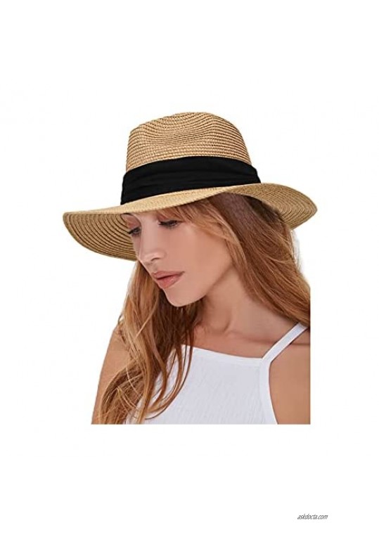 Women Straw-Panama-Hat Summer Beach Hat - Floppy Fedora Sun Hat (Hat Circumference 22"-22.8")
