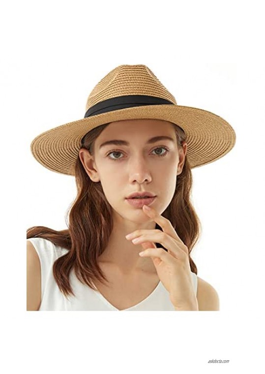Women Sun Hat Summer Panama Straw Hat Fedora Beach Hat for Men Wide Brim UV Protection Hats UPF 50 with Chin Strap