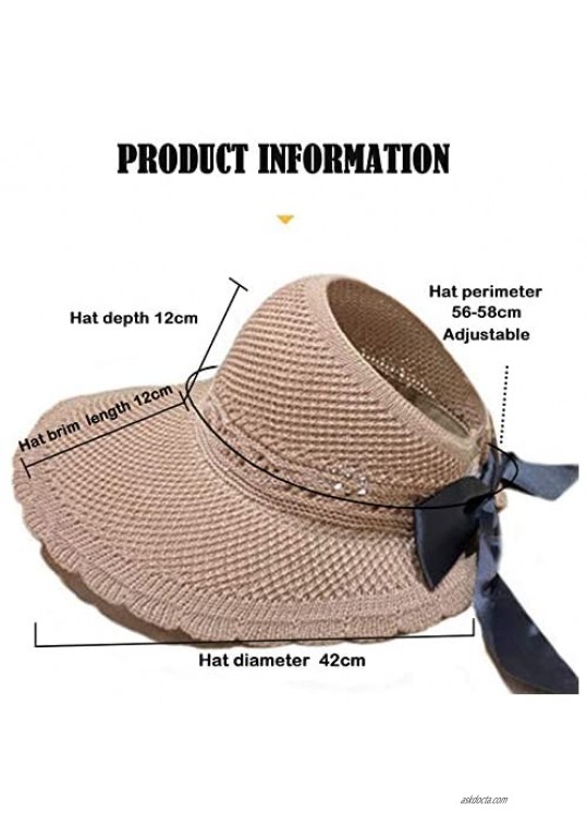 Women Wide Brim Roll-up Straw Hat Women's Beach Sun Visor Travel Floppy Foldable UV Hat Adjustable Size.