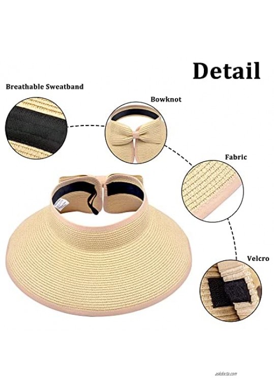 Womens Beach Hat Wide Brim Straw Hat for Women UPF 50+ Foldable Packable Roll-up Sun Visor Hat