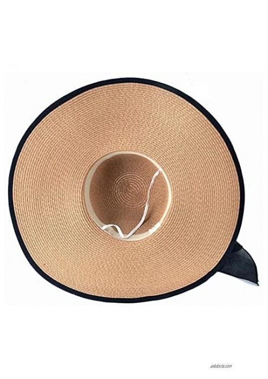 Womens Bowknot-Sun-Hat Wide Brim Straw Beach Hat Roll-up Floppy Foldable UV Protection