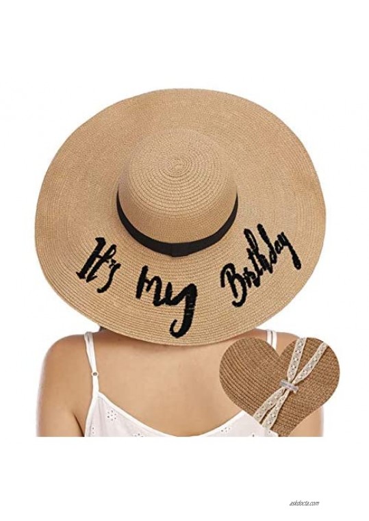 Womens Paper Floppy Embroidered Wide Brimb Adjustable Beach Party Sun Hat with Ribbon Band with Wind Lanyard