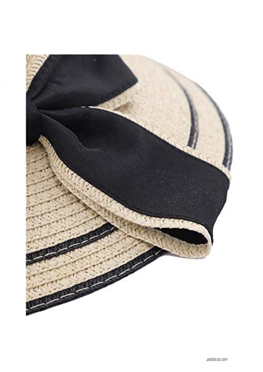 Womens Summer Sun Beach Straw Hat Floppy UPF50+ Foldable Wide Brim Straw Beach Cap with Bow