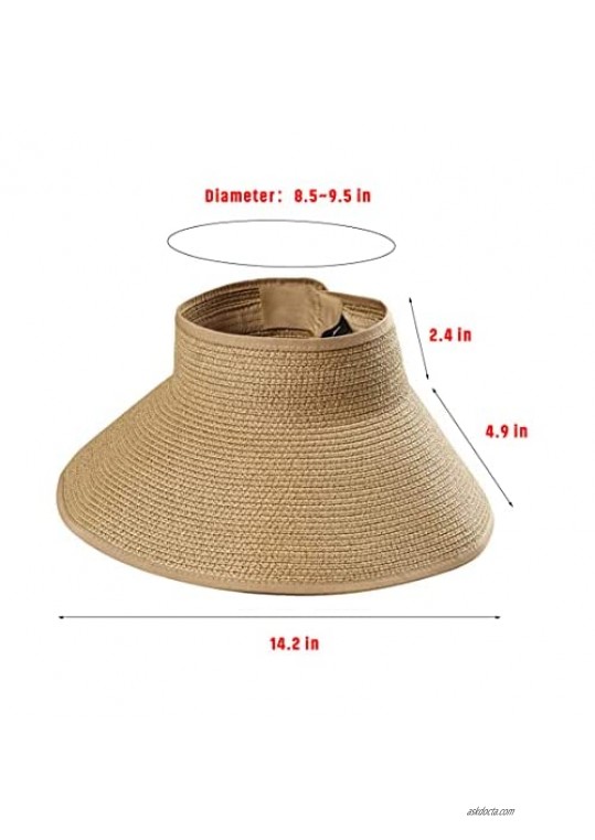 Womens Sun-Visors Wide Brim Roll-up UPF 50+ Straw-Sun-Hat Foldable Packable