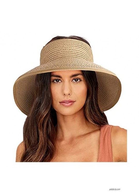 Womens Sun-Visors Wide Brim Roll-up UPF 50+ Straw-Sun-Hat Foldable Packable