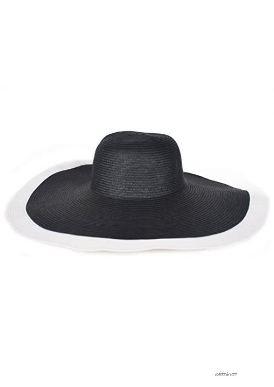 Womens Wide Brim Straw Sun Hat Floppy Foldable Roll Up Beach Cap Sunhat UPF 50+ Black & White Striped Hat…