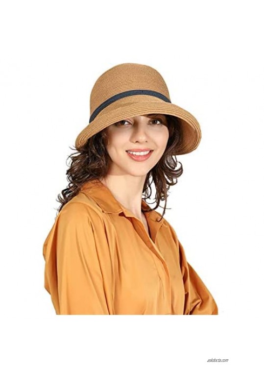 Womens Wide Brim Sun Hat Elegant Structured Curved Wide Fedora Beach Sun Hat UPF50+