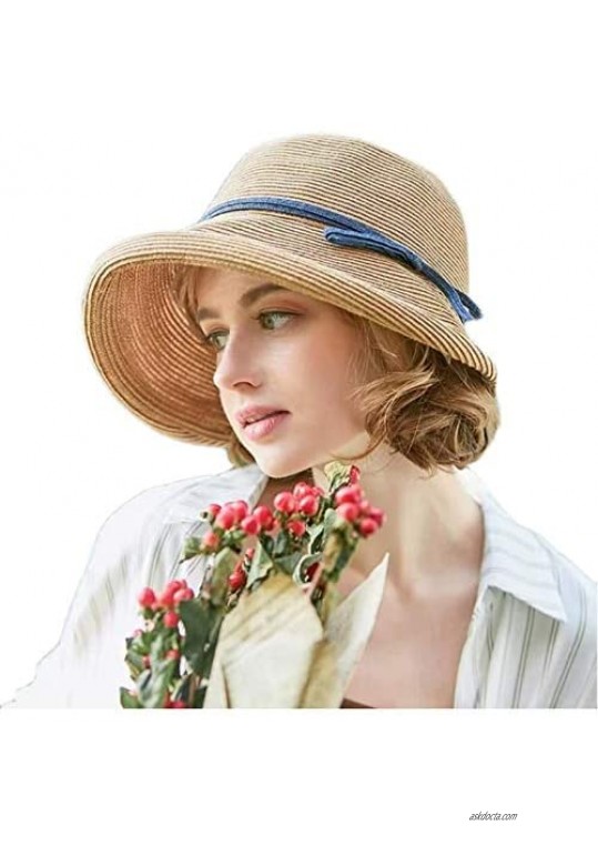 Womens Wide Brim Sun Hat Elegant Structured Curved Wide Fedora Beach Sun Hat UPF50+