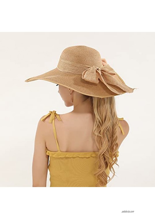 WZCSLM Womens Big Bowknot Straw Hat Large Floppy Foldable Roll up Beach Cap Sun Hat Summer UV Protection Beach Cap