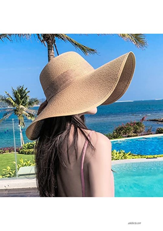 WZCSLM Womens Big Bowknot Straw Hat Large Floppy Foldable Roll up Beach Cap Sun Hat Summer UV Protection Beach Cap