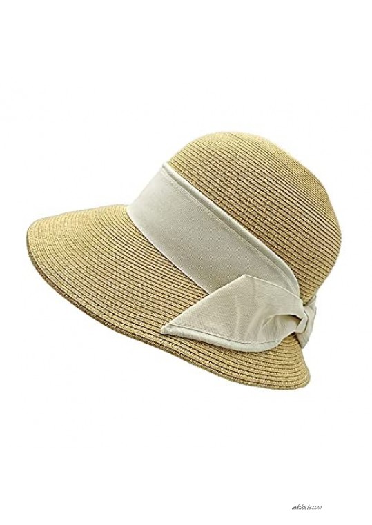 Yakina Sun Straw Hat for Women Wide Brim Straw Beach Hat for Summer Roll Up Brim Straw Bucket Hat with Bowknot
