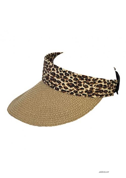 Fashion Culture Women's Leopard Trim Packable Wide Brim Straw Sun Visor Natural