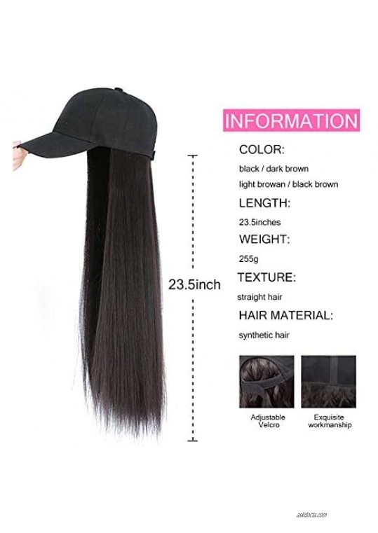 Zylioo Womens Detachable Baseball Cap Wig with Straight Hair Extensions 23.5 Long Synthetic Adjustable Wig Hat