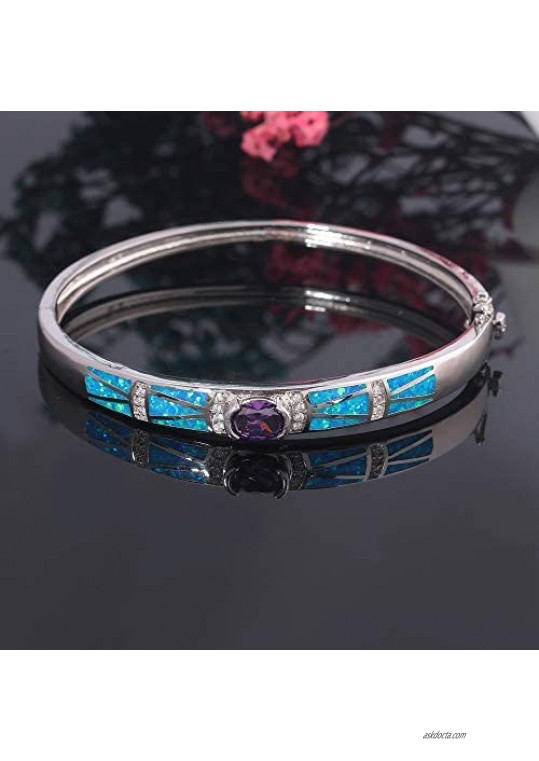 CiNily Womens Bangle Bracelets-Blue Fire Opal 14K White Gold Plated Opal Jewelry Ladies Gems Bracelet