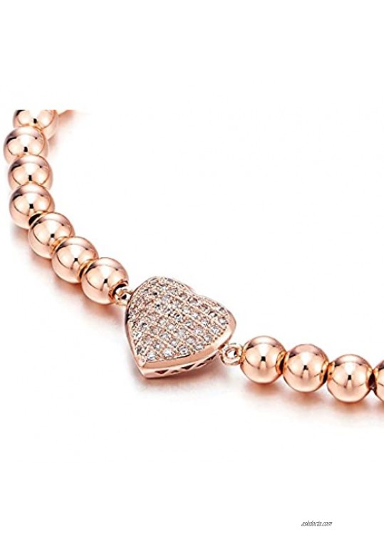 COOLSTEELANDBEYOND Rose Gold Beads Link Charm Bracelet for Women with Cubic Zirconia Heart Charm Polished