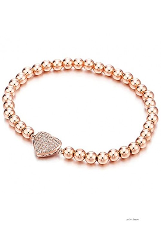 COOLSTEELANDBEYOND Rose Gold Beads Link Charm Bracelet for Women with Cubic Zirconia Heart Charm Polished
