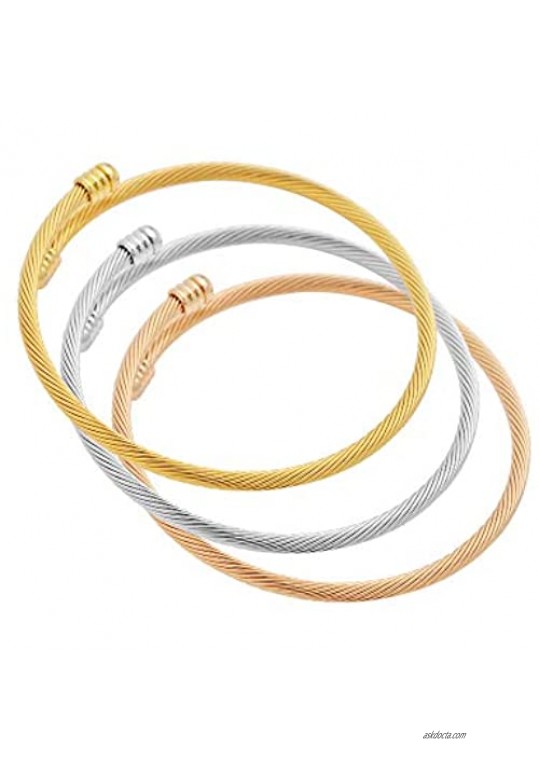 EDFORCE 3 Tone Stainless Steel Hypoallergenic Stacked Twisted Cable Wire Bangle Adjustable Cuff Bracelet Set Set of 3 6-7.5