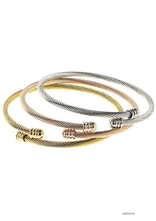 EDFORCE 3 Tone Stainless Steel Hypoallergenic Stacked Twisted Cable Wire Bangle Adjustable Cuff Bracelet Set Set of 3 6-7.5