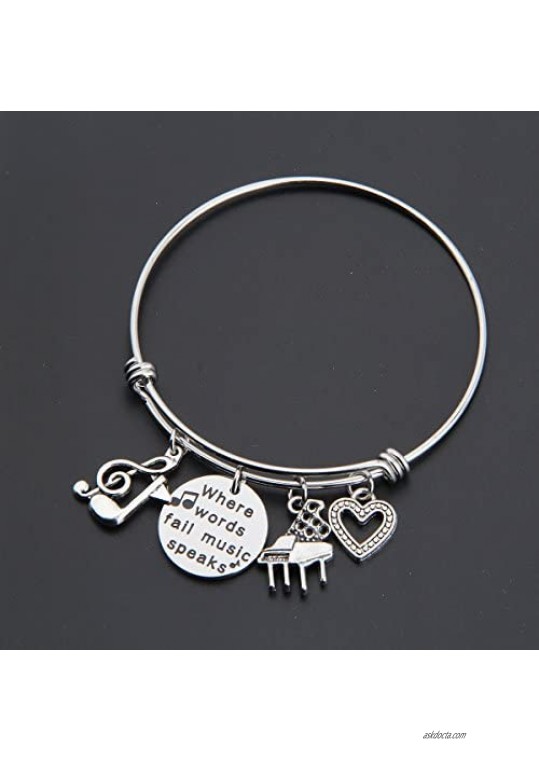 ENSIANTH Music Gift Where Words Fail Music Speaks Expandable Music Charm Bangle Music Lovers Jewelry