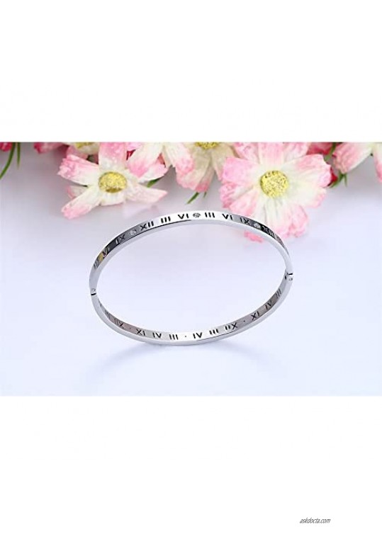 Fashion Classic Stainless Steel Roman Numeral Bangle Bracelet for Women Jewelry，Rose gold color Gold color，Silver color 4.5mm Width