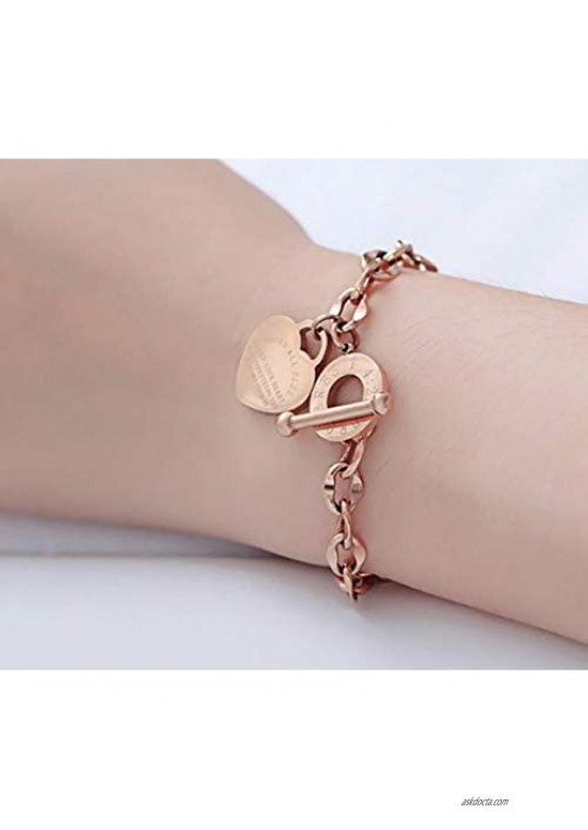 JUPPE 14K Rose Gold Titanium Steel Engraved Bracelet Personalized Bangle Gift for Women Girls