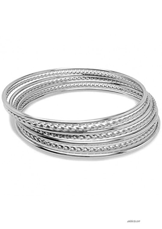 Loralyn Designs Thin Silver Stainless Steel Textured Bangle Bracelet Set of 7