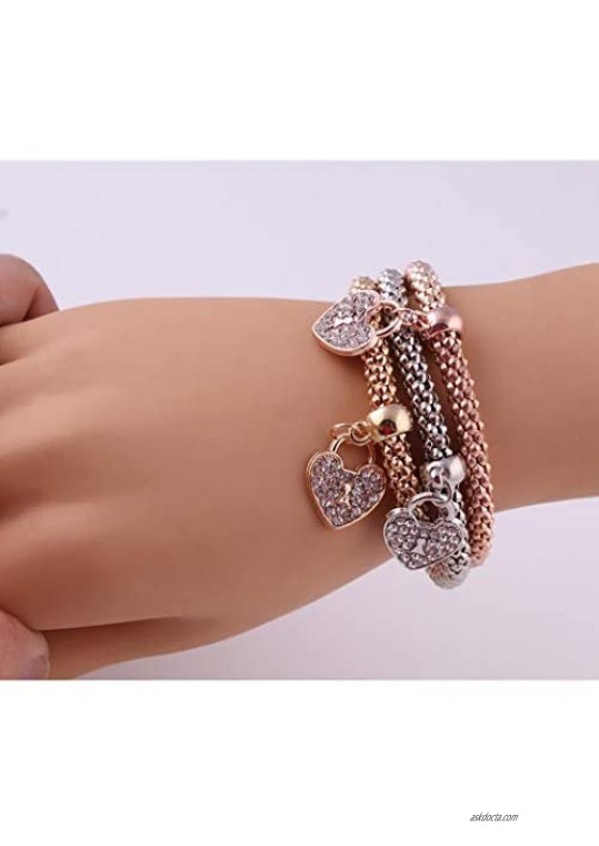 Masiter Mesh Sequin Layered Bracelet Stretch Rhinestone Heart Pendant Bracelet Travel Party Body Jewelry Accessories for Women and Girls