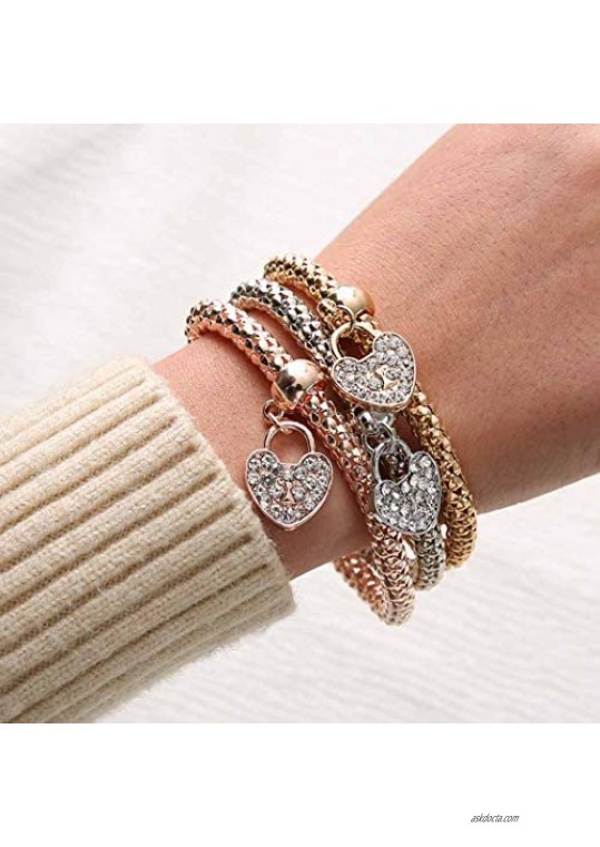 Masiter Mesh Sequin Layered Bracelet Stretch Rhinestone Heart Pendant Bracelet Travel Party Body Jewelry Accessories for Women and Girls