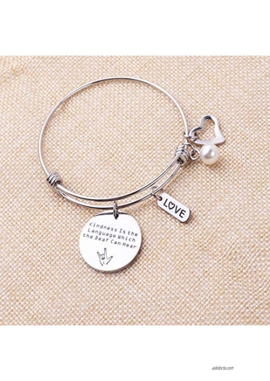 RUNXINTD ASL Jewelry American Sign Language Teacher Gift Kindness Is the Language Which the Deaf Can Hear Hand Stamped Bracelet Keychain