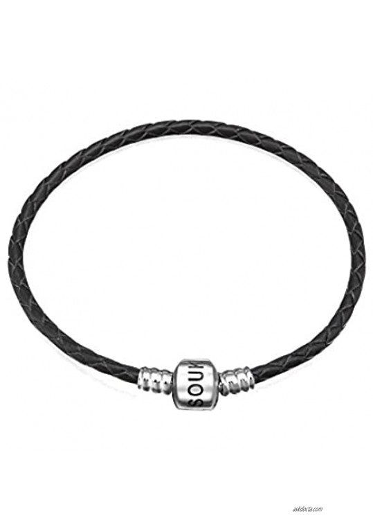 SOUKISS Genuine Black Leather Woven Bracelet with 925 Sterling Silver Barrel Snap Clasp Bead Bracelet for Charms