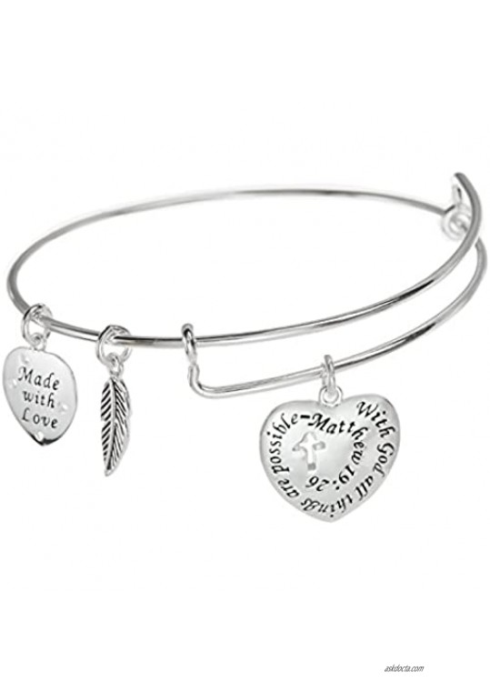 Sterling Silver Christian Cross with God All Things are Possible Heart Leaf Charm Ajustable Wire Bangle Bracelet