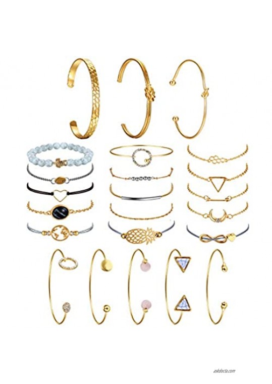 Thunaraz 23Pcs Multiple Layered Stackable Gold Open Cuff Bracelet Set for Women Wholesale Jewelry Adjustable Wrap Bangles Bracelet
