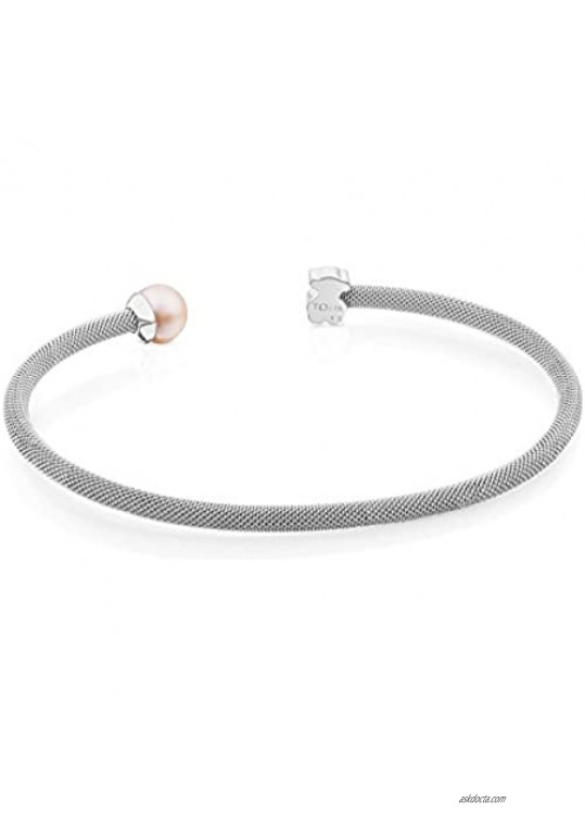 TOUS Icon Mesh 925 Silver Bangle Bracelet with White Chinese-Freshwater-Cultured Pearl 6.5-7.0 mm