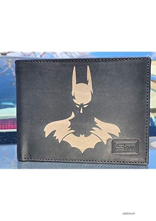 Batman Superhero Genuine Cowhide Leather Laser Engraved RFID Slimfold Mens Large Capacity Luxury Wallet Purse Minimalist Sleek and Slim Includes Credit Card Holder Organizer 14 Pockets