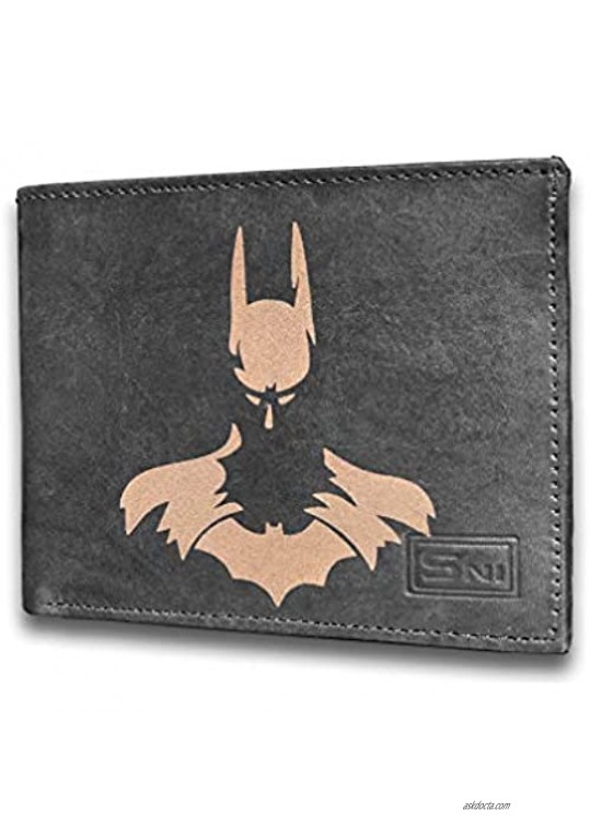 Batman Superhero Genuine Cowhide Leather Laser Engraved RFID Slimfold Mens Large Capacity Luxury Wallet Purse Minimalist Sleek and Slim Includes Credit Card Holder Organizer 14 Pockets