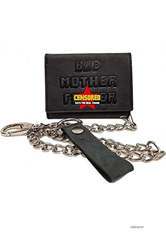 BMF Leather Trifold Biker Wallet with Chain New Tough Black Leather Version Improved