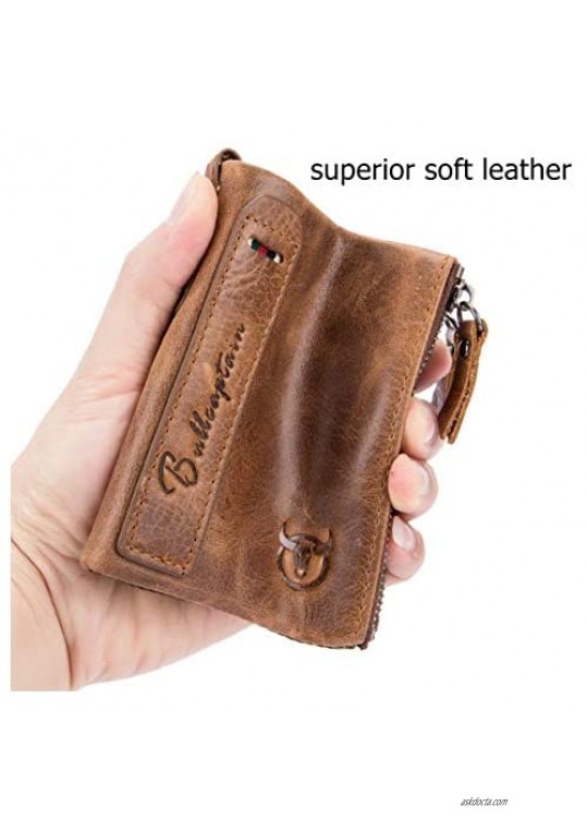 BULLCAPTAIN Genuine Leather Wallet for Men Vintage Bifold Double Zipper Coin Purse