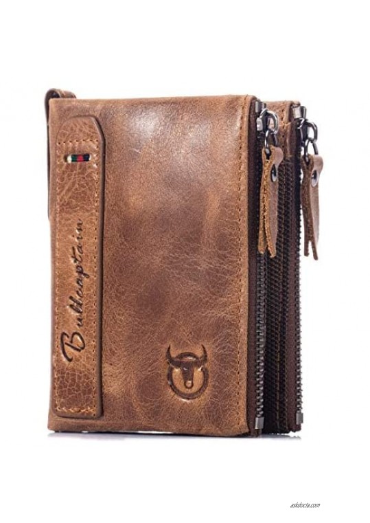 BULLCAPTAIN Genuine Leather Wallet for Men Vintage Bifold Double Zipper Coin Purse