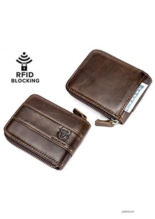BULLCAPTAIN Mens Leather Wallet RFID Blocking Vintage Zip Around Bifold Wallet Credit Card Holder (brown)