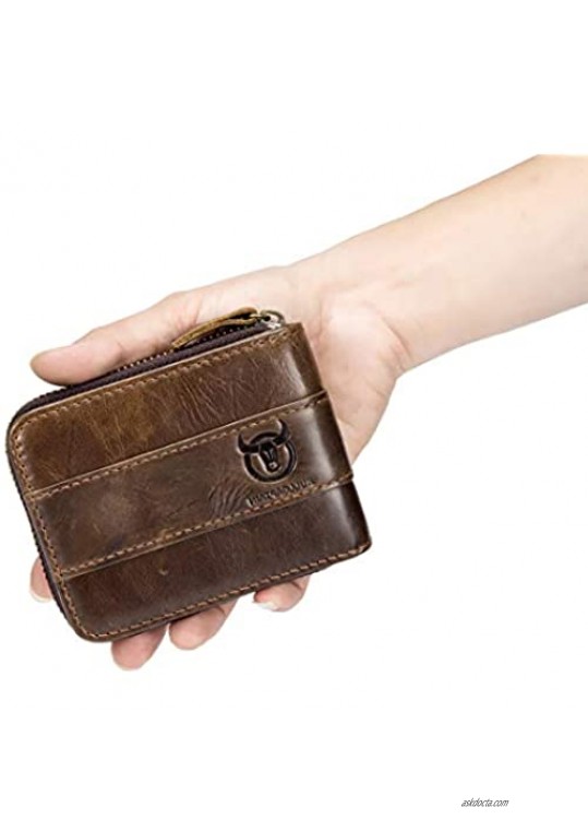 BULLCAPTAIN Mens Leather Wallet RFID Blocking Vintage Zip Around Bifold Wallet Credit Card Holder (brown)