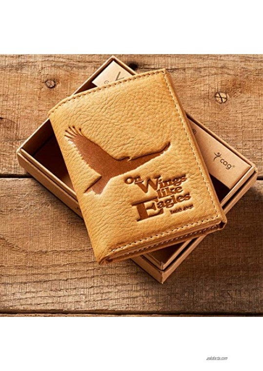 Christian Art Gifts Genuine Leather Wallet for Men | Wings Like Eagles – Isaiah 40:31 Bible Verse | Quality Classic Tan Leather Trifold Wallet | Christian Gifts for Men