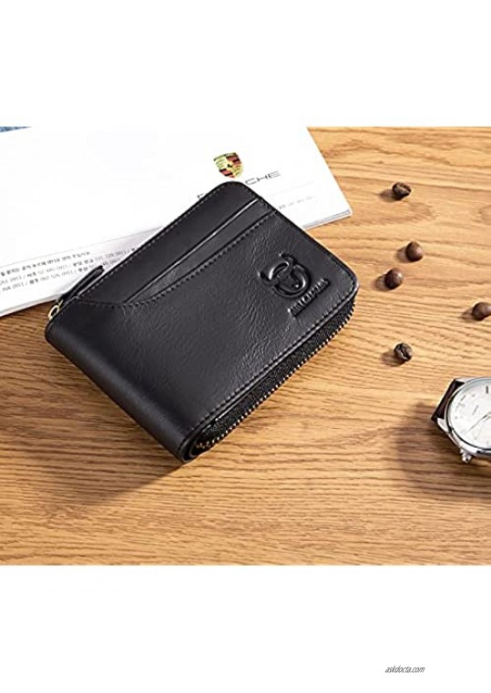 Genuine Leather Men Zipper Wallet RFID Blocking Bifold Wallets ID Window Credit Cards Holder with Zip Coin Pocket (Black)