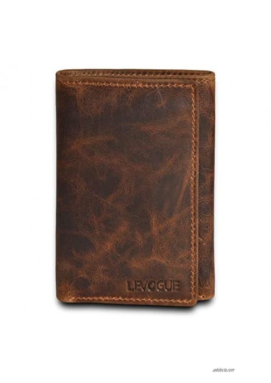 Genuine Leather Mens RFID Blocking Slim Trifold Wallet with 6 Cards+1 ID Window + 2 Note Compartments.