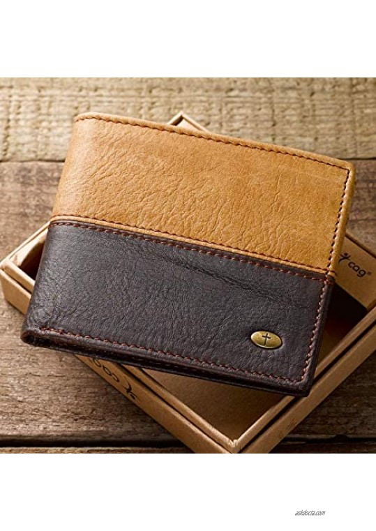 Genuine Leather Wallet for Men | Two-Tone w/Cross Emblem | Quality Classic Brown Leather Bifold Wallet | Christian Gifts for Men