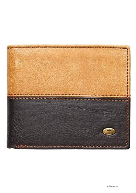 Genuine Leather Wallet for Men | Two-Tone w/Cross Emblem | Quality Classic Brown Leather Bifold Wallet | Christian Gifts for Men