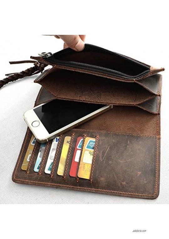 Itslife Mens Wallet RFID Blocking Vintage Long Style Cow Leather with Chain Card Holder Wallets for Men