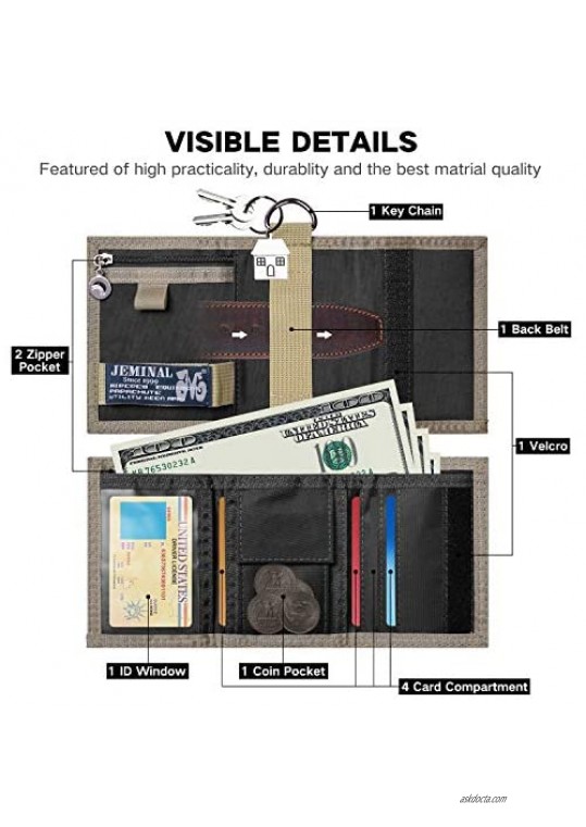 JEMINAL Trifold Canvas Outdoor Sports Wallet for Boys - Keychain Wallet for Women and Mens
