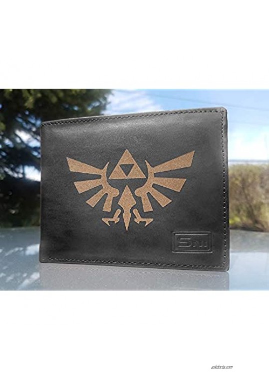 Legend of Zelda Genuine Cowhide Leather Laser Engraved Engraving Slimfold Men Large Capacity Luxury Wallet Purse Minimalist Sleek and Slim Black Card Holder Organizer 14 Pockets