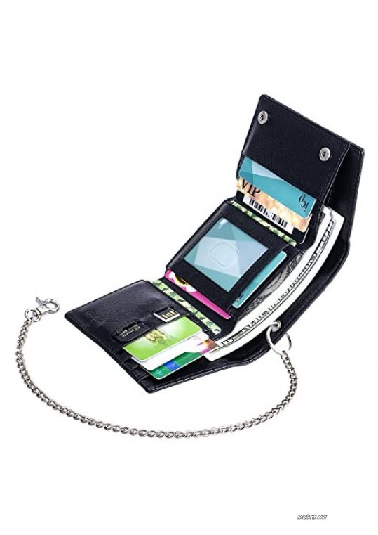 ManChDa Multiple Trifold Wallet -Slits Black Small Size Leather RFID Blocking with one Removable Chain